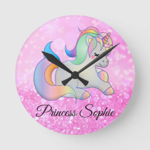 Cute  pink  glitter unicorn monogram runde wanduhr