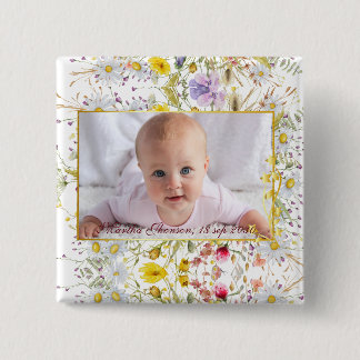Cute Pink gold Floral Watercolor Baby Girl Photo  Button
