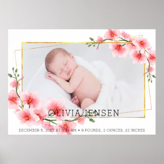 Cute Pink Gold Floral Watercolor Baby Girl Photo  Poster