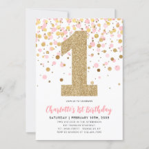 Cute Pink Gold Glitter Confetti Girl 1st Birthday