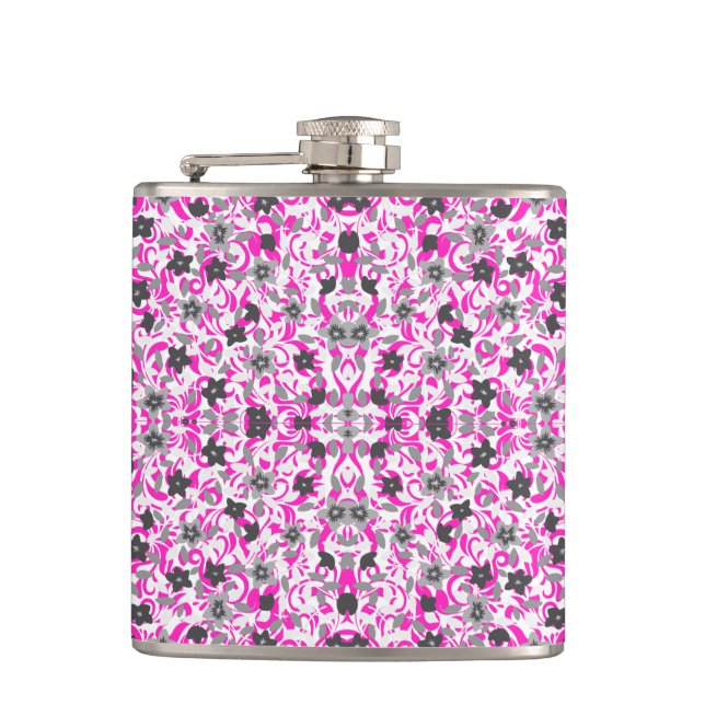 Cute pink gray white abstract flowers flachmann (Vorderseite)