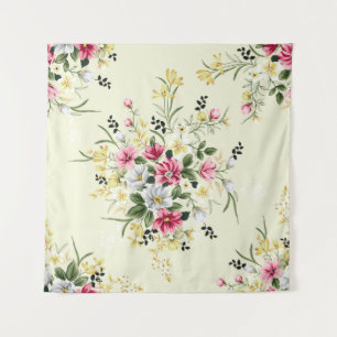 cute pink grey and yellow flowers with green leave wandteppich