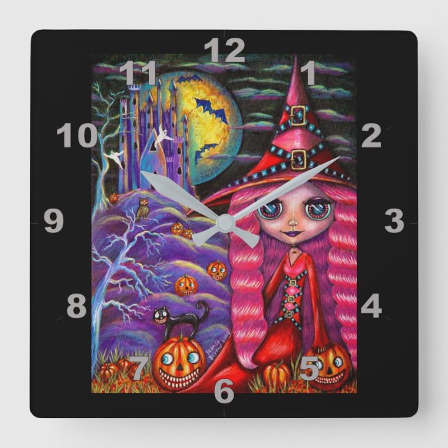 Cute Pink Hair Witch Doll Purple Castle Quadratische Wanduhr (Vorderseite)