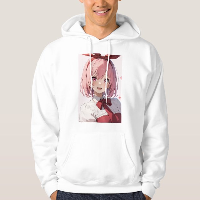 Cute Pink-Haired Anime Girl Illustration Hoodie (Vorderseite)