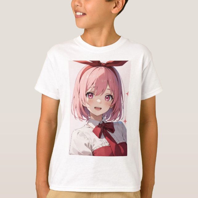 Cute Pink-Haired Anime Girl Illustration T-Shirt (Vorderseite)