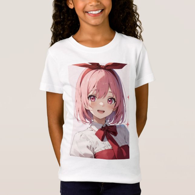 Cute Pink-Haired Anime Girl Illustration T-Shirt (Vorderseite)