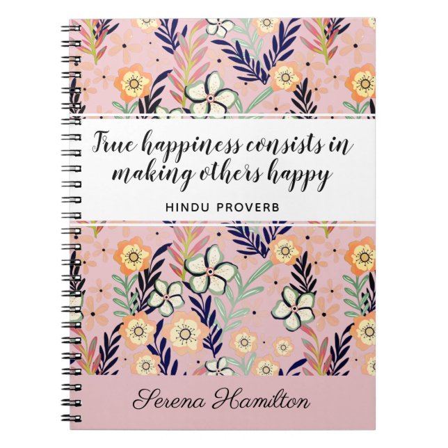 Cute Pink Happiness Quote Inspirational Floral Art Notizblock (Vorderseite)