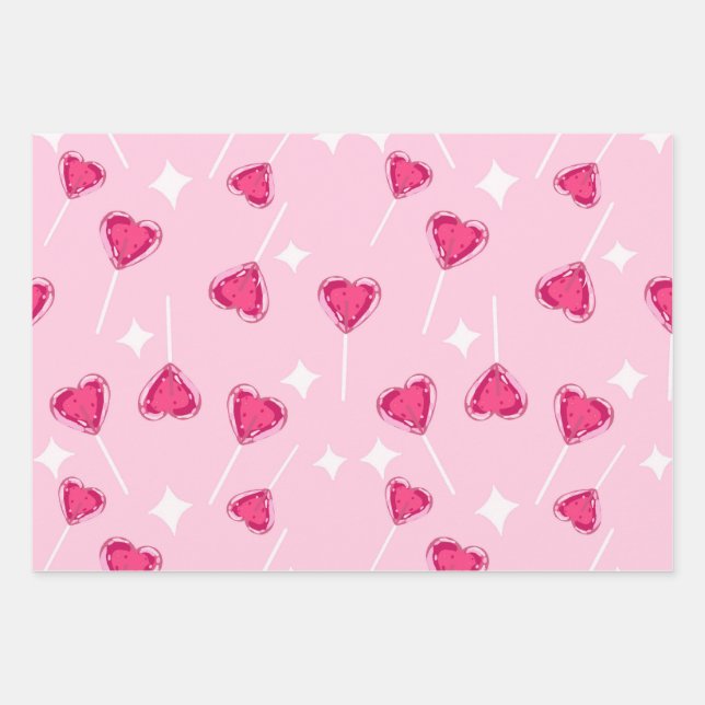 Cute Pink Heart Lollipop Seamless Pattern Geschenkpapier Set (Vorderseite)