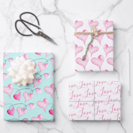 Cute Pink Hearts & Love Pattern Watercolor Geschenkpapier Set
