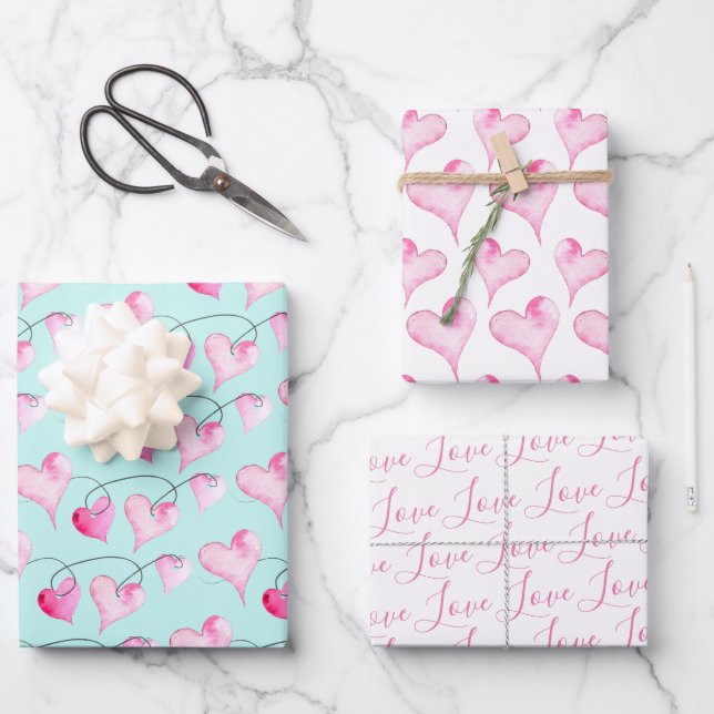 Cute Pink Hearts & Love Pattern Watercolor Geschenkpapier Set (Vorderseite)