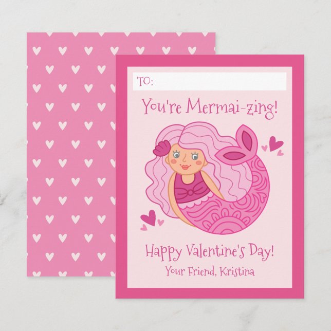 Cute Pink Kids Mermaid Valentine Mitteilungskarte (Vorne/Hinten)