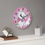 Cute PInk Kitten and Flowers Girl's Große Wanduhr<br><div class="desc">An adorable white kitten with a big fluffy tail and a pink bow is surrounded by pretty watercolor flowers in pink and blue. The background is in a soft pink. Perfect for a girly girl who loves animals.</div>