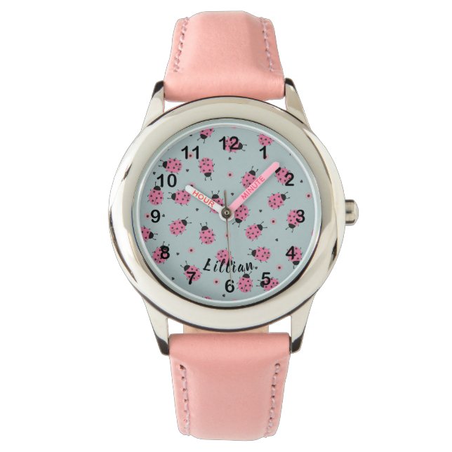 Cute Pink Ladybugs & Custom Name on Blue Armbanduhr (Vorderseite)