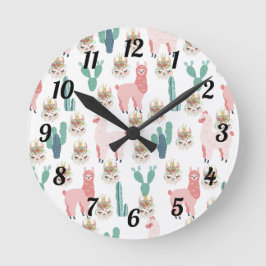 Cute Pink Llamas and Green Cactus Baby Kids Runde Wanduhr