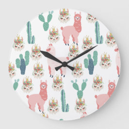 Cute Pink Llama's and Green Cactus Große Wanduhr