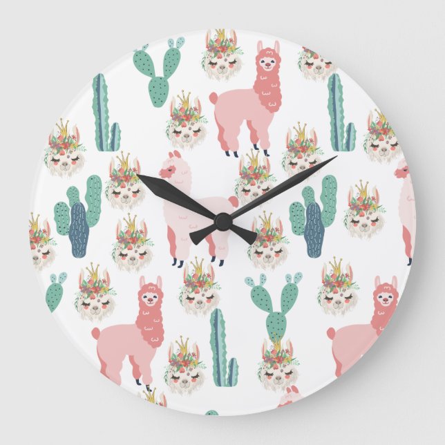 Cute Pink Llama's and Green Cactus Große Wanduhr (Vorderseite)