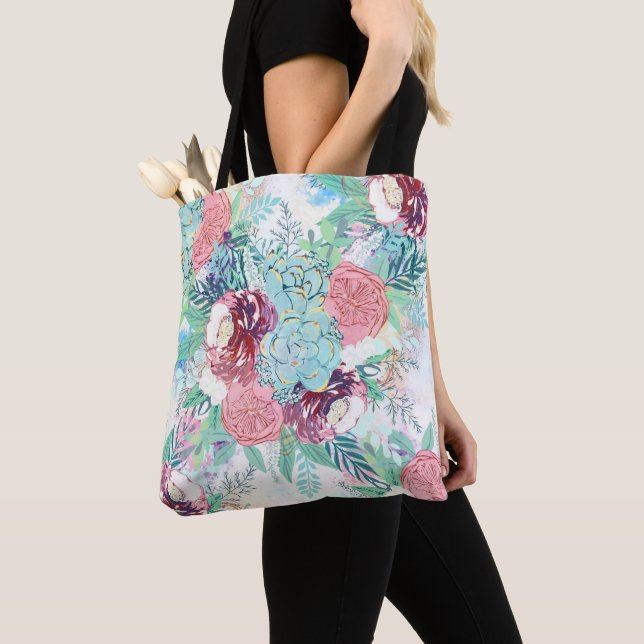Cute Pink Mint Peony & Succulent Floral Hand Paint Tasche (Von Nahem)