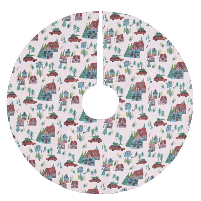 Cute Pink Nordic skating Village Christmas Pattern Polyester Weihnachtsbaumdecke (Vorderseite)