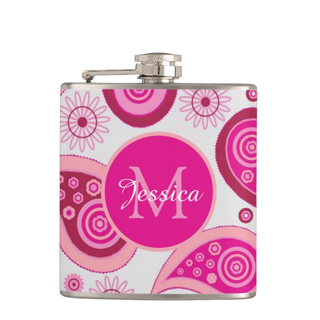 Cute Pink Paisley Personalised Flachmann (Vorderseite)