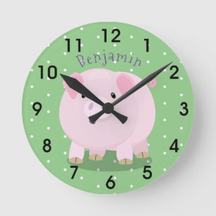 Cute pink pot bellied pig cartoon illustration runde wanduhr