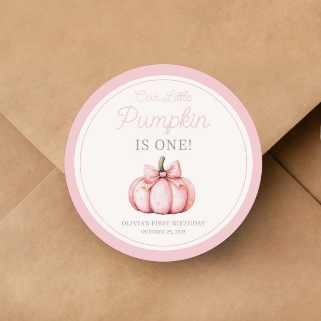 Cute Pink Pumpkin Girl First Birthday Runder Aufkleber (Cute Pink Pumpkin Girl First Birthday Classic Round Sticker)