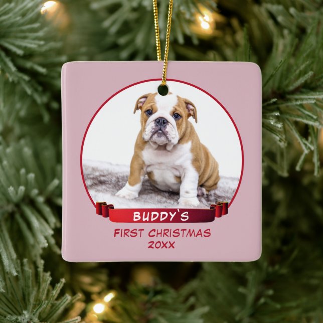 Cute Pink Puppy 1st Christmas Dog Photo Keramikornament (Baum)