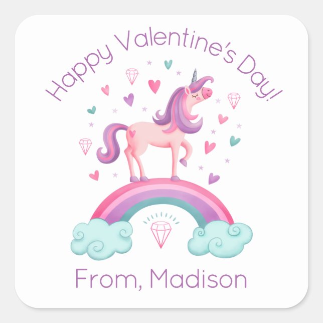 Cute Pink Rainbow Unicorn kids Classroom Valentine Quadratischer Aufkleber (Vorderseite)