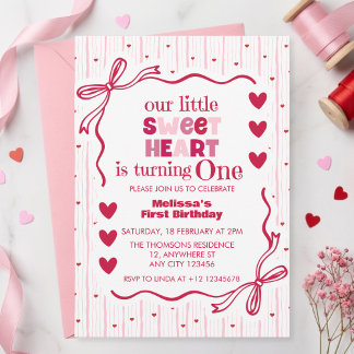 Cute Pink Red Little Sweetheart First Birthday  Einladung