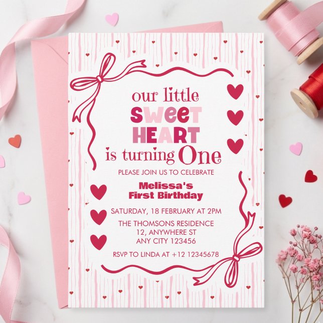 Cute Pink Red Little Sweetheart First Birthday  Einladung (Von Creator hochgeladen)