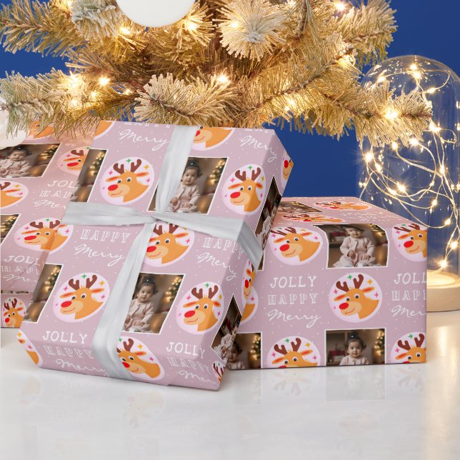 Cute Pink Reindeer Family Photo Christmas  Geschenkpapier (Feiertage)