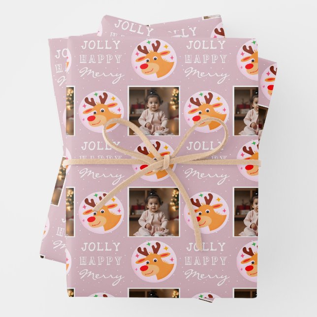Cute Pink Reindeer Family Photo Christmas  Geschenkpapier Set (Beispiel)