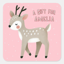 Cute Pink Reindeer Kid`s Name Christmas Gift Quadratischer Aufkleber