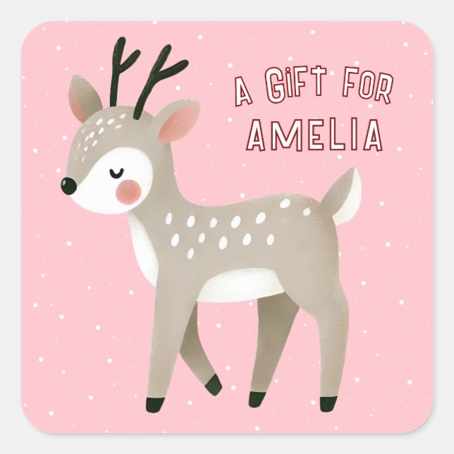 Cute Pink Reindeer Kid`s Name Christmas Gift Quadratischer Aufkleber (Vorderseite)