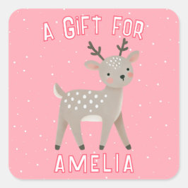 Cute Pink Reindeer Kid`s Name Christmas Gift Quadratischer Aufkleber