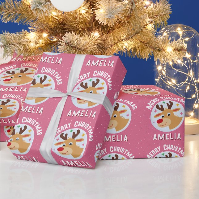 Cute Pink Reindeer Kid`s Name Merry Christmas Geschenkpapier (Feiertage)