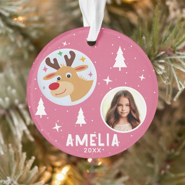 Cute Pink Reindeer Kid`s Name Photo Christmas (Arbre)