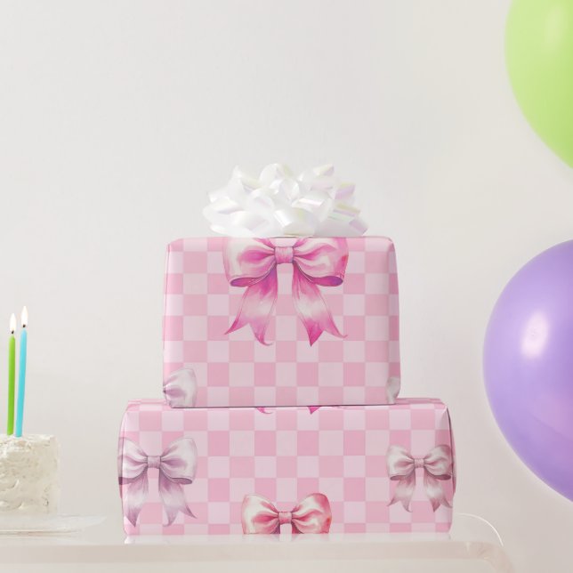 Cute Pink Ribbon and Gingham Sweet Girly Pattern Geschenkpapier (Partygeschenke)