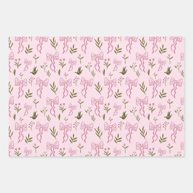Cute Pink Ribbon Floral Seamless Pattern Geschenkpapier Set (Vorderseite)