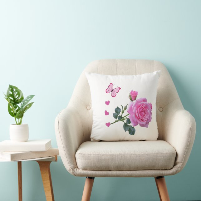 Cute Pink Rose Butterfly Hearts Throw Pillow Kissen (Stuhl )