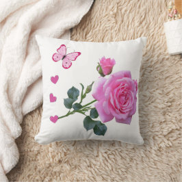 Cute Pink Rose Butterfly Hearts Throw Pillow Kissen