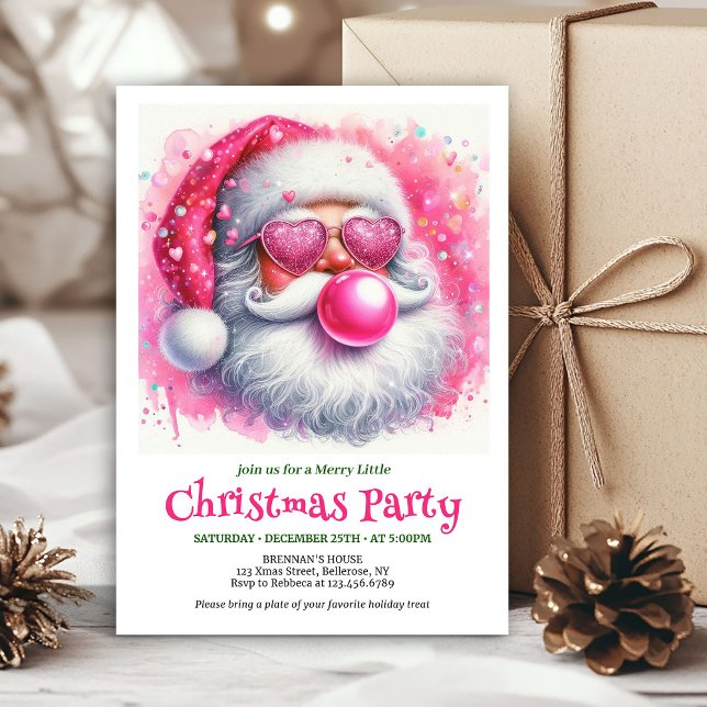 Cute pink santa chewing gum watercolor Xmas invite Einladung (Cute pink santa chewing gum watercolor Xmas invite)
