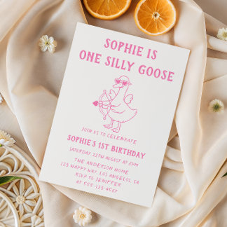 Cute Pink Silly Goose 1st Birthday Einladung