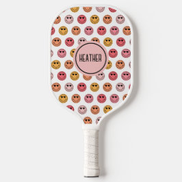 Cute Pink Smile Face Pattern Monogram Pickleball Schläger