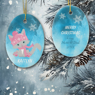 Cute Pink Snowflake Kitten Keramik Ornament