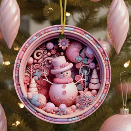 Cute Pink Snowman Christmas Keramik Ornament