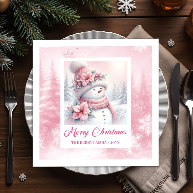 Cute Pink Snowman Christmas Scene Kids Holiday  Serviette (Cute Pink Snowman Christmas Scene Kids Holiday Christmas Napkins

)