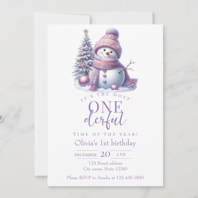 Cute Pink Snowman Winter Birthday Invitation Einladung (Vorderseite)