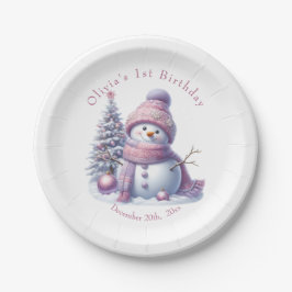 Cute Pink Snowman Winter Birthday Pappteller