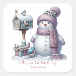 Cute Pink Snowman Winter Birthday Quadratischer Aufkleber