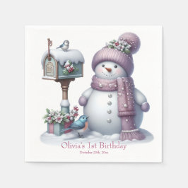 Cute Pink Snowman Winter Birthday Serviette